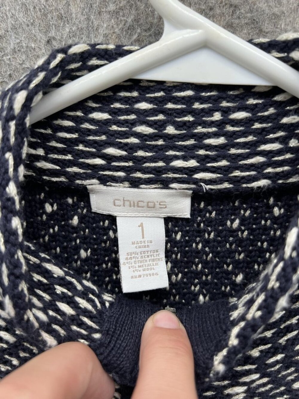 Chico's Sweater Womens 1 Blue Mock Neck Full Zip Striped Knit Long Sleeve - Picture 2 of 10